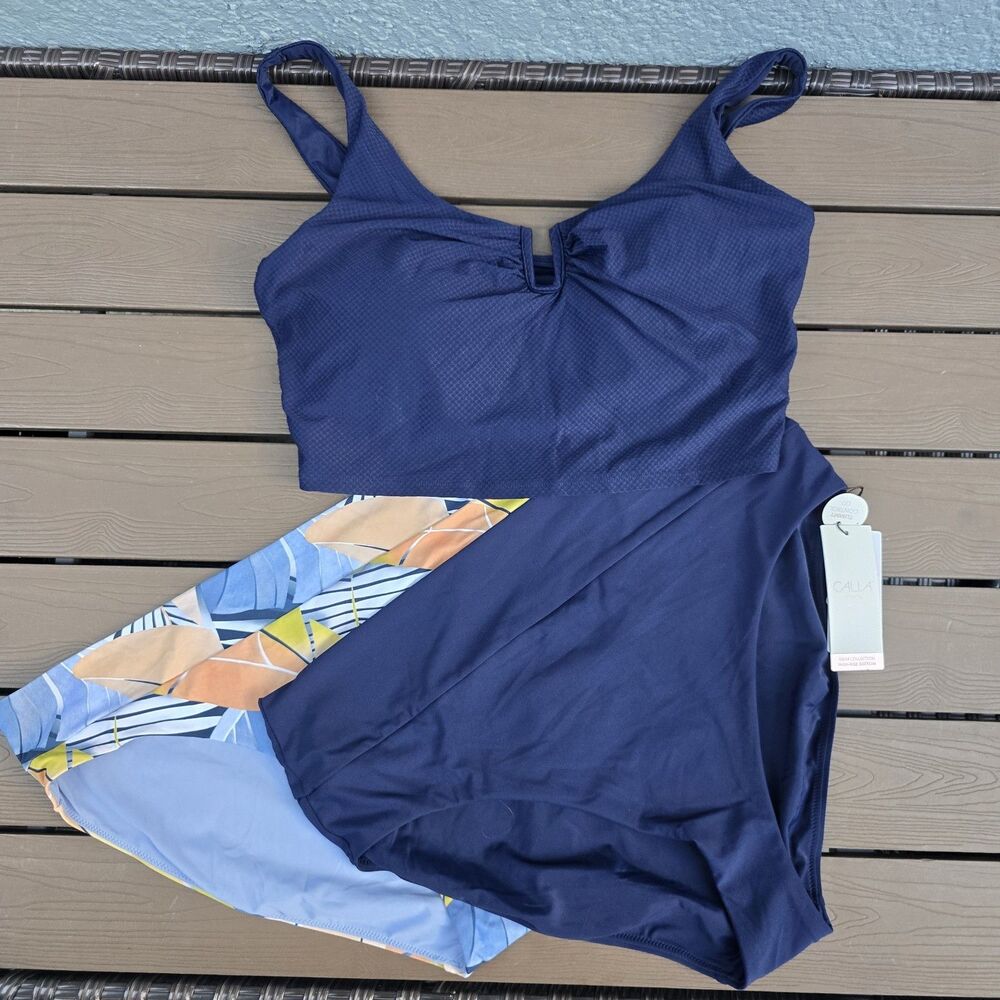 CALIA Womens Blue Textured U-bar Top & Bundle Bikini Bottom Sz XXL New No Tag